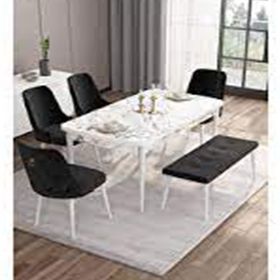 Canisa Taç Serisi 80x132 Açılabilir Beyaz Mermer Desen Masa Takımı 4 Sandalye Gold Halkalı ve Siyah 1 Bench