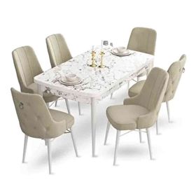 Canisa Taç Serisi 80x132 Açılabilir Beyaz Mermer Desen Masa Takımı Gümüş Halkalı Krem 6 Sandalye