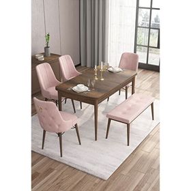 Canisa Taç Serisi 80x132 cm Açılabilir Barok Ahşap Desen 4 Sandalye Gold Halkalı 1 Bench Pembe Mutfak Masası Takımı