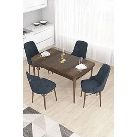 Canisa Taç Serisi 80x132 cm Açılabilir Barok Ahşap Desen 4 Sandalye Gold Halkalı Antrasit Mutfak Masası Takımı