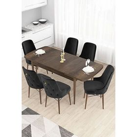 Canisa Taç Serisi 80x132 cm Açılabilir Barok Ahşap Desen 6 Sandalye Gold Halkalı Siyah Mutfak Masası Takımı