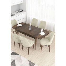 Canisa Taç Serisi 80x132 cm Açılabilir Barok Ahşap Desen 6 Sandalye Gümüş Halkalı Krem Mutfak Masası Takımı