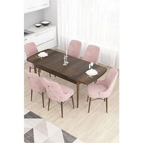 Canisa Taç Serisi 80x132 cm Açılabilir Barok Ahşap Desen 6 Sandalye Gümüş Halkalı Pembe Mutfak Masası Takımı
