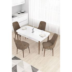 Canisa Taç Serisi 80x132 cm Açılabilir Beyaz Masa Ceviz Ayak 4 Sandalye Gold Halkalı Kahverengi Mutfak Masası Takımı