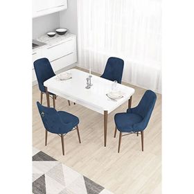Canisa Taç Serisi 80x132 cm Açılabilir Beyaz Masa Ceviz Ayak 4 Sandalye Gold Halkalı Lacivert Mutfak Masası Takımı