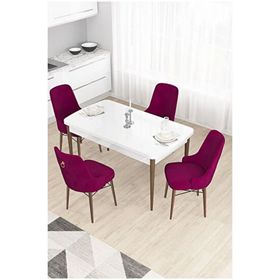 Canisa Taç Serisi 80x132 cm Açılabilir Beyaz Masa Ceviz Ayak 4 Sandalye Gold Halkalı Mürdüm Mutfak Masası Takımı