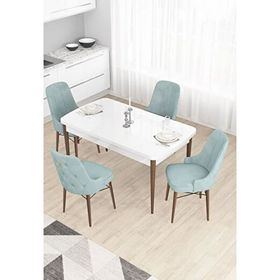 Canisa Taç Serisi 80x132 cm Açılabilir Beyaz Masa Ceviz Ayak 4 Sandalye Gold Halkalı Su Yeşili Mutfak Masası Takımı