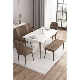 Canisa Taç Serisi 80x132 cm Açılabilir Beyaz Masa Ceviz Ayak 4 Sandalye Gümüş Halkalı 1 Bench Kahverengi Mutfak Masası Takımı