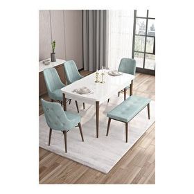 Canisa Taç Serisi 80x132 cm Açılabilir Beyaz Masa Ceviz Ayak 4 Sandalye Gümüş Halkalı 1 Bench Su Yeşili Mutfak Masası Takımı