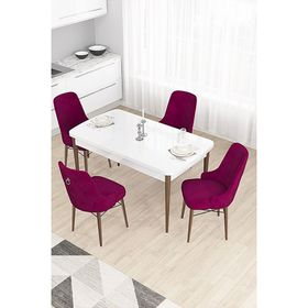 Canisa Taç Serisi 80x132 cm Açılabilir Beyaz Masa Ceviz Ayak 4 Sandalye Gümüş Halkalı Mürdüm Mutfak Masası Takımı