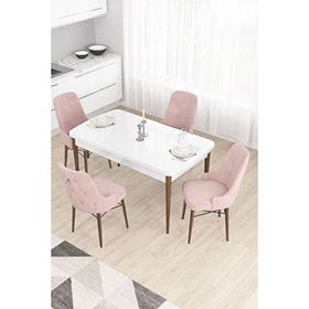 Canisa Taç Serisi 80x132 cm Açılabilir Beyaz Masa Ceviz Ayak 4 Sandalye Gümüş Halkalı Pembe Mutfak Masası Takımı