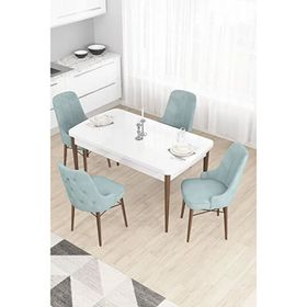 Canisa Taç Serisi 80x132 cm Açılabilir Beyaz Masa Ceviz Ayak 4 Sandalye Gümüş Halkalı Su Yeşili Mutfak Masası Takımı