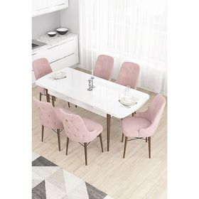 Canisa Taç Serisi 80x132 cm Açılabilir Beyaz Masa Ceviz Ayak 6 Sandalye Gold Halkalı Pembe Mutfak Masası Takımı
