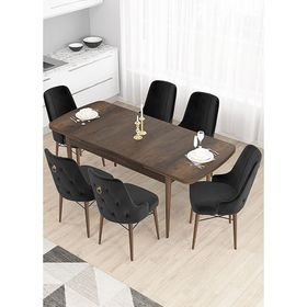 Canisa Taç Serisi 80x132 cm Açılabilir Beyaz Masa Ceviz Ayak 6 Sandalye Gold Halkalı Siyah Mutfak Masası Takımı