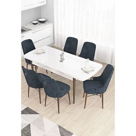 Canisa Taç Serisi 80x132 cm Açılabilir Beyaz Masa Ceviz Ayak 6 Sandalye Gümüş Halkalı Antrasit Mutfak Masası Takımı