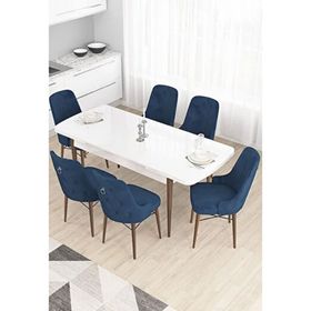 Canisa Taç Serisi 80x132 cm Açılabilir Beyaz Masa Ceviz Ayak 6 Sandalye Gümüş Halkalı Lacivert Mutfak Masası Takımı