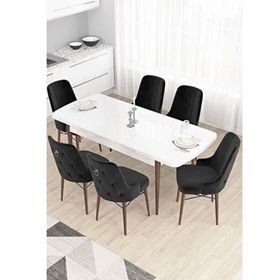 Canisa Taç Serisi 80x132 cm Açılabilir Beyaz Masa Ceviz Ayak 6 Sandalye Gümüş Halkalı Siyah Mutfak Masası Takımı