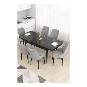 Canisa Taç Serisi 80x132 MDF Açılabilir Siyah Mermer Desen Masa Takımı Gold Halkalı Gri 6 Sandalye