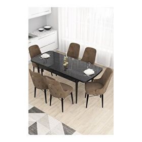Canisa Taç Serisi 80x132 MDF Açılabilir Siyah Mermer Desen Masa Takımı Gold Halkalı Kahverengi 6 Sandalye
