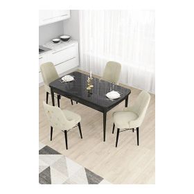 Canisa Taç Serisi 80x132 MDF Açılabilir Siyah Mermer Desen Masa Takımı Gold Halkalı Krem 4 Sandalye