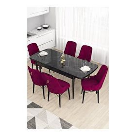 Canisa Taç Serisi 80x132 MDF Açılabilir Siyah Mermer Desen Masa Takımı Gold Halkalı Mürdüm 6 Sandalye