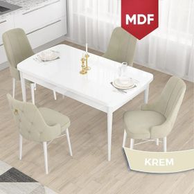 Canisa Taç Serisi Beyaz 80x132 cm Açılabilir 4 Sandalye Gold Halkalı Krem Mutfak Masa Takımı