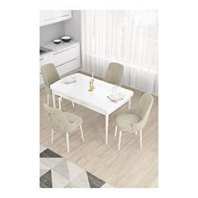 Canisa Taç Serisi Beyaz 80x132 cm Açılabilir 4 Sandalye Gold Halkalı Krem Mutfak Masa Takımı