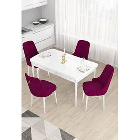 Canisa Taç Serisi Beyaz 80x132 cm Açılabilir 4 Sandalye Gold Halkalı Mürdüm Mutfak Masa Takımı