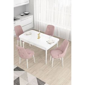 Canisa Taç Serisi Beyaz 80x132 cm Açılabilir 4 Sandalye Gold Halkalı Pembe Mutfak Masa Takımı