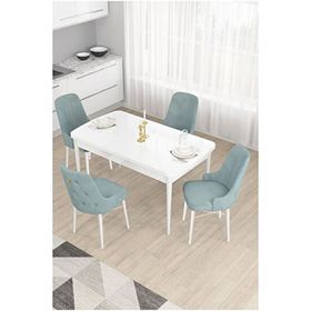 Canisa Taç Serisi Beyaz 80x132 cm Açılabilir 4 Sandalye Gold Halkalı Su Yeşili Mutfak Masa Takımı