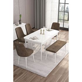 Canisa Taç Serisi Beyaz 80x132 cm Açılabilir 4 Sandalye Gümüş Halkalı 1 Bench Kahverengi Mutfak Masa Takımı