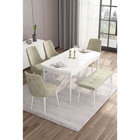 Canisa Taç Serisi Beyaz 80x132 cm Açılabilir 4 Sandalye Gümüş Halkalı 1 Bench Krem Mutfak Masa Takımı