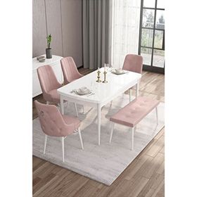 Canisa Taç Serisi Beyaz 80x132 cm Açılabilir 4 Sandalye Gümüş Halkalı 1 Bench Pembe Mutfak Masa Takımı