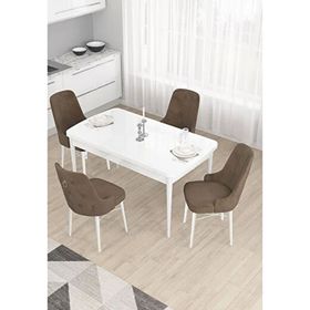 Canisa Taç Serisi Beyaz 80x132 cm Açılabilir 4 Sandalye Gümüş Halkalı Kahverengi Mutfak Masa Takımı