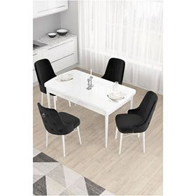 Canisa Taç Serisi Beyaz 80x132 cm Açılabilir 4 Sandalye Gümüş Halkalı Siyah Mutfak Masa Takımı