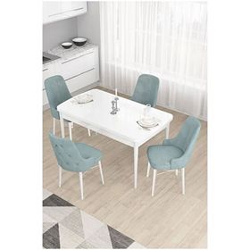 Canisa Taç Serisi Beyaz 80x132 cm Açılabilir 4 Sandalye Gümüş Halkalı Su Yeşili Mutfak Masa Takımı