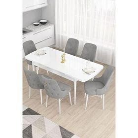 Canisa Taç Serisi Beyaz 80x132 cm Açılabilir 6 Sandalye Gold Halkalı Gri Mutfak Masa Takımı