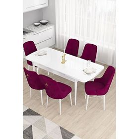 Canisa Taç Serisi Beyaz 80x132 cm Açılabilir 6 Sandalye Gold Halkalı Mürdüm Mutfak Masa Takımı