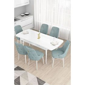 Canisa Taç Serisi Beyaz 80x132 cm Açılabilir 6 Sandalye Gold Halkalı Su Yeşili Mutfak Masa Takımı
