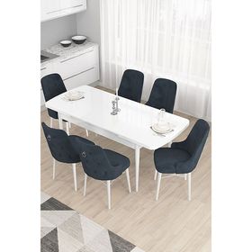 Canisa Taç Serisi Beyaz 80x132 cm Açılabilir 6 Sandalye Gümüş Halkalı Antrasit Mutfak Masa Takımı