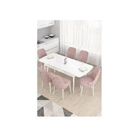 Canisa Taç Serisi, Beyaz 80x132 cm Açılabilir 6 Sandalye Gümüş Halkalı Pembe Mutfak Masa Takımı