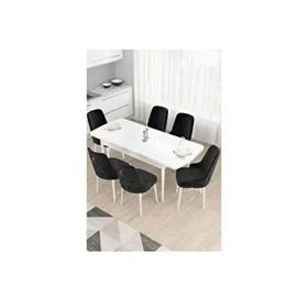 Canisa Taç Serisi, Beyaz 80x132 cm Açılabilir 6 Sandalye Gümüş Halkalı Siyah Mutfak Masa Takımı