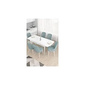 Canisa Taç Serisi, Beyaz 80x132 cm Açılabilir 6 Sandalye Gümüş Halkalı Su Yeşili Mutfak Masa Takımı
