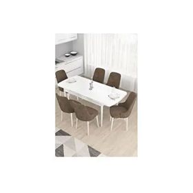Canisa Taç Serisi Beyaz Masa 80x132 cm Açılabilir 6 Sandalye Gümüş Halkalı Kahverengi Mutfak Masa Takımı