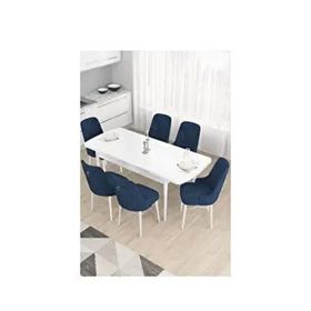Canisa Taç Serisi Beyaz Masa 80x132 cm Açılabilir 6 Sandalye Gümüş Halkalı Lacivert Mutfak Masa Takımı