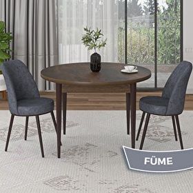 Canisa Tor Serisi Yuvarlak Barok Ahşap Desen Mutfak Masası Takımı ve 2 Füme Sandalye