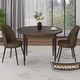 Canisa Tor Serisi Yuvarlak Barok Ahşap Desen Mutfak Masası Takımı ve 2 Kahverengi Sandalye