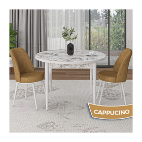 Canisa Tor Serisi Yuvarlak Beyaz Mermer Desen Mutfak Masası Takımı ve 2 Cappucino Sandalye