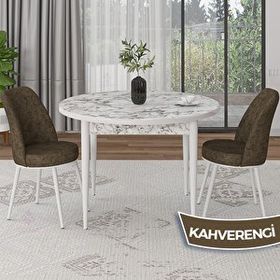 Canisa Tor Serisi Yuvarlak Beyaz Mermer Desen Mutfak Masası Takımı ve 2 Kahverengi Sandalye