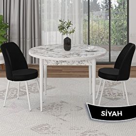 Canisa Tor Serisi Yuvarlak Beyaz Mermer Desen Mutfak Masası Takımı ve 2 Siyah Sandalye